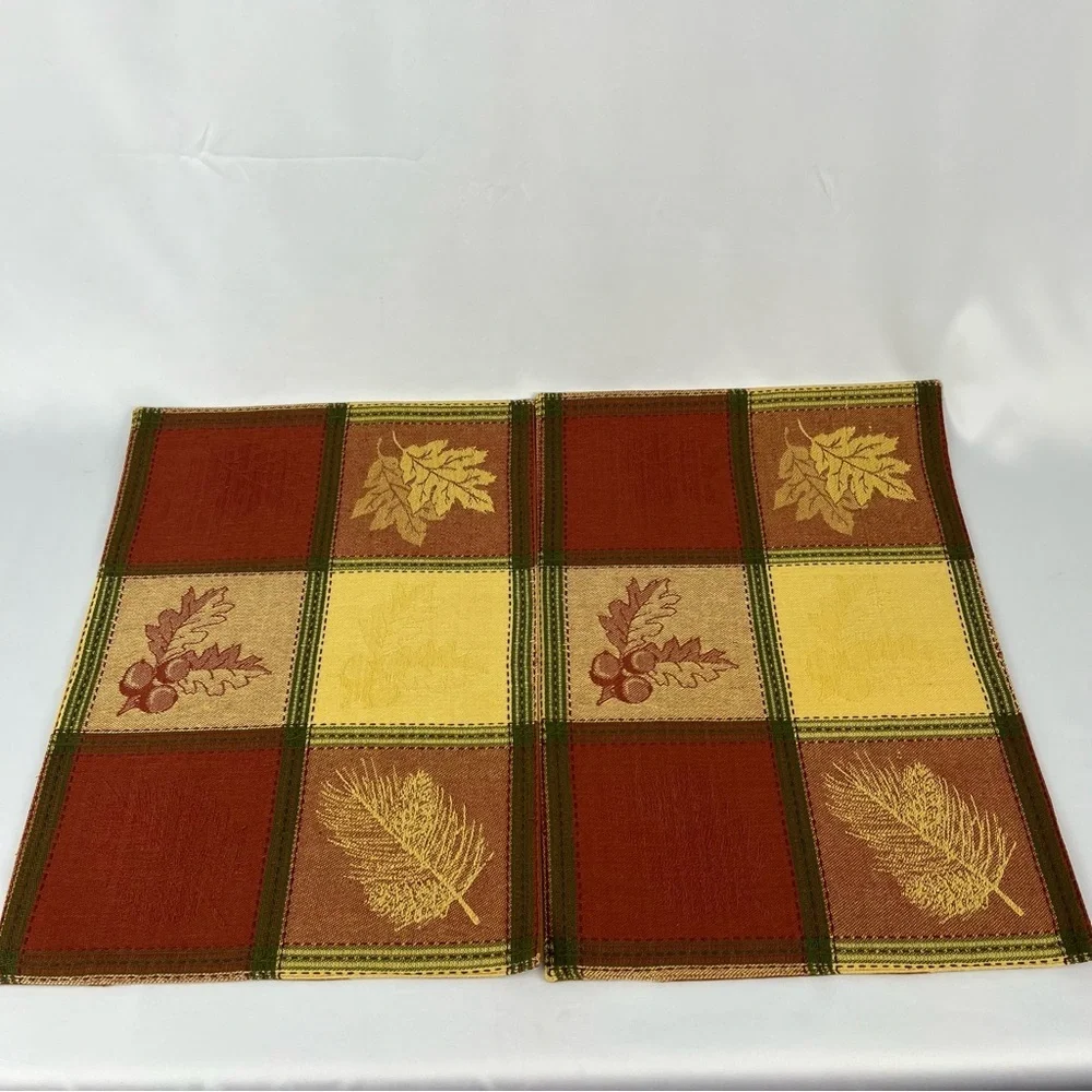 Pair of Placements (2) Damask Square Pattern with Leaves Muted Orange Yellow